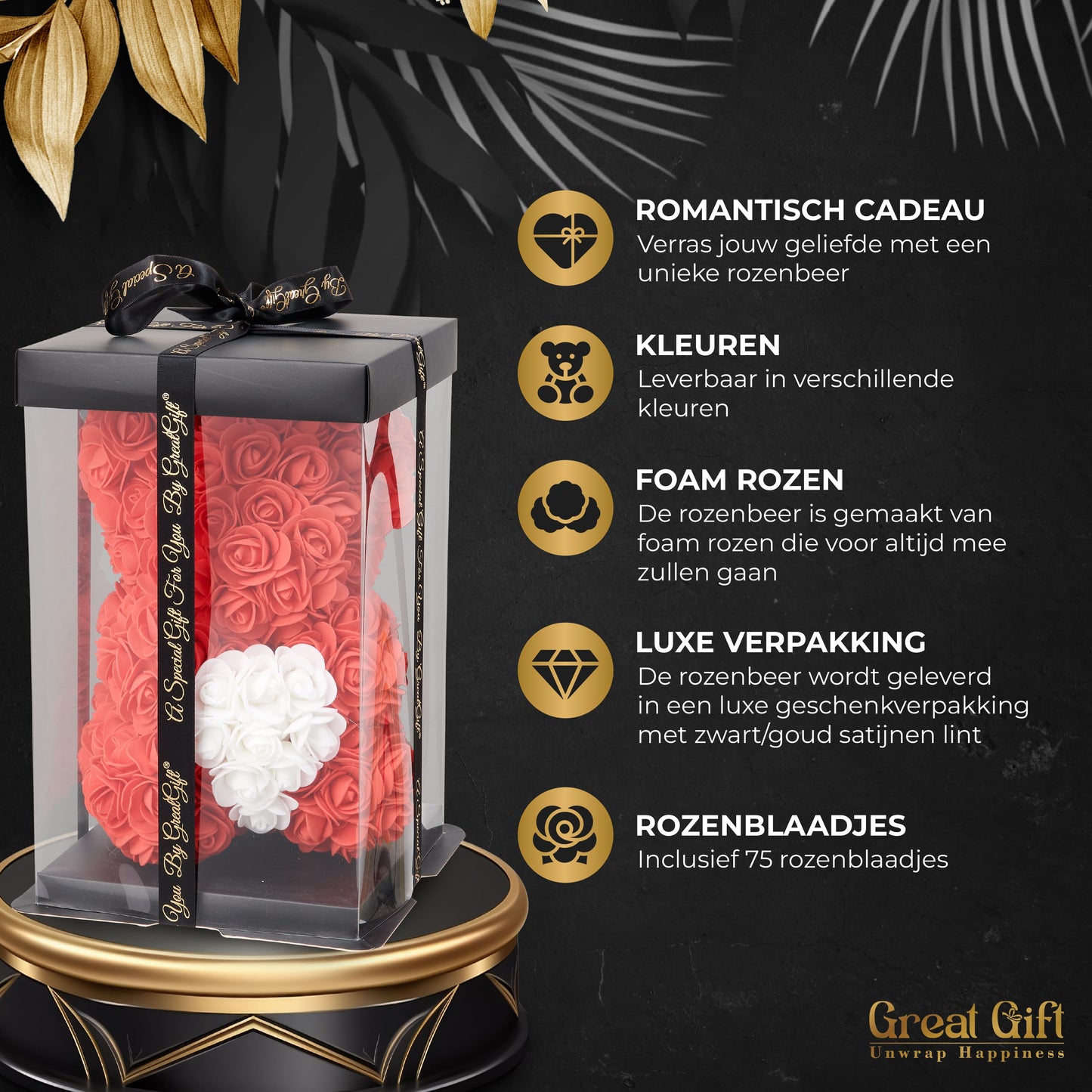 Rozenbeer Rood/Wit hart met rozenblaadjes