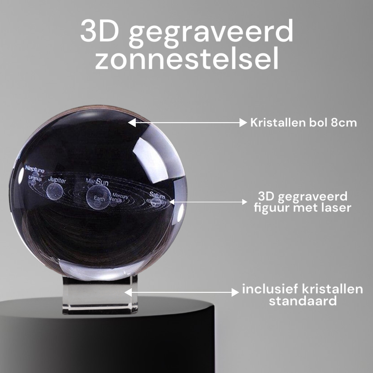 3D Kristal Bol met Gegraveerd Zonnestelsel