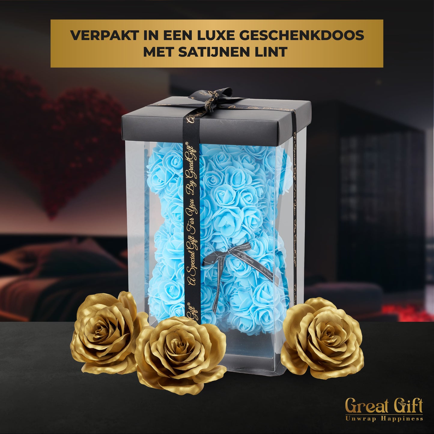 Rozenbeer Blauw met rozenblaadjes