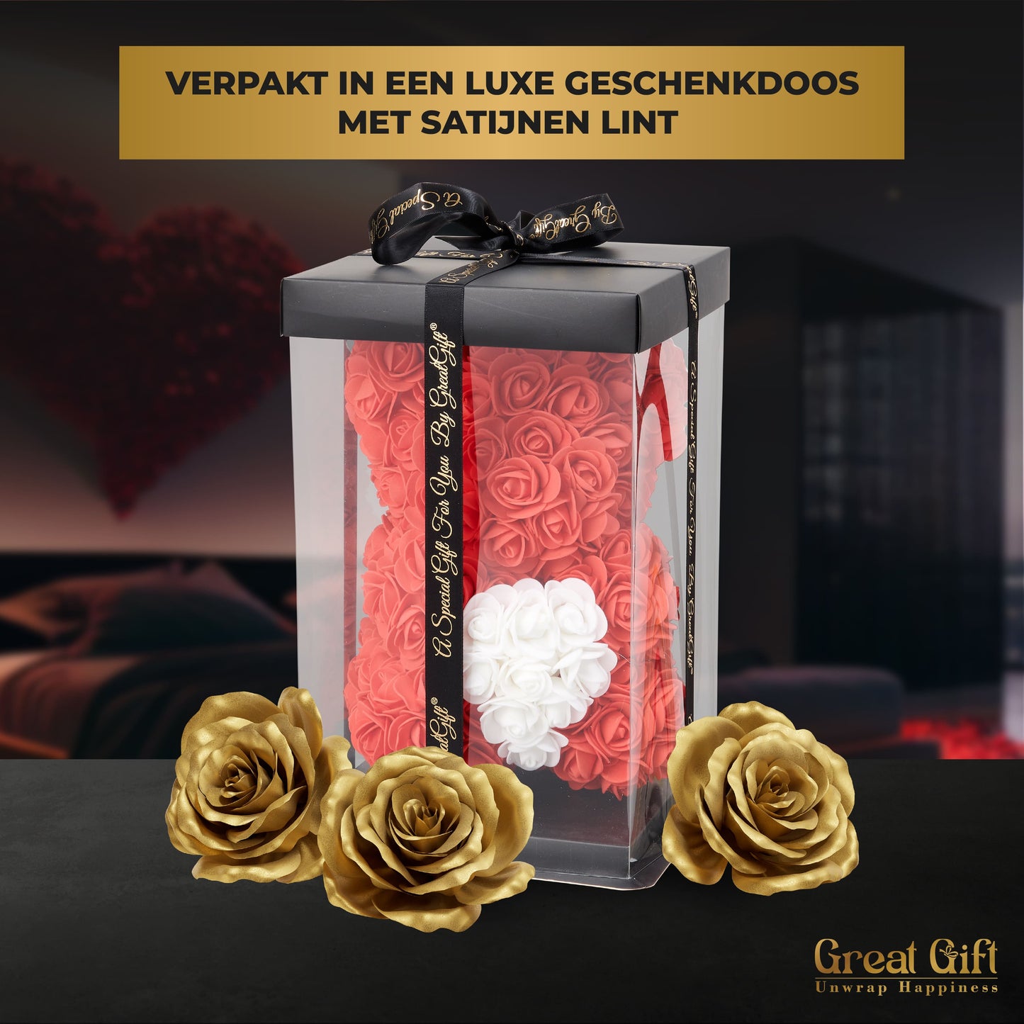 Rozenbeer Rood/Wit hart met rozenblaadjes